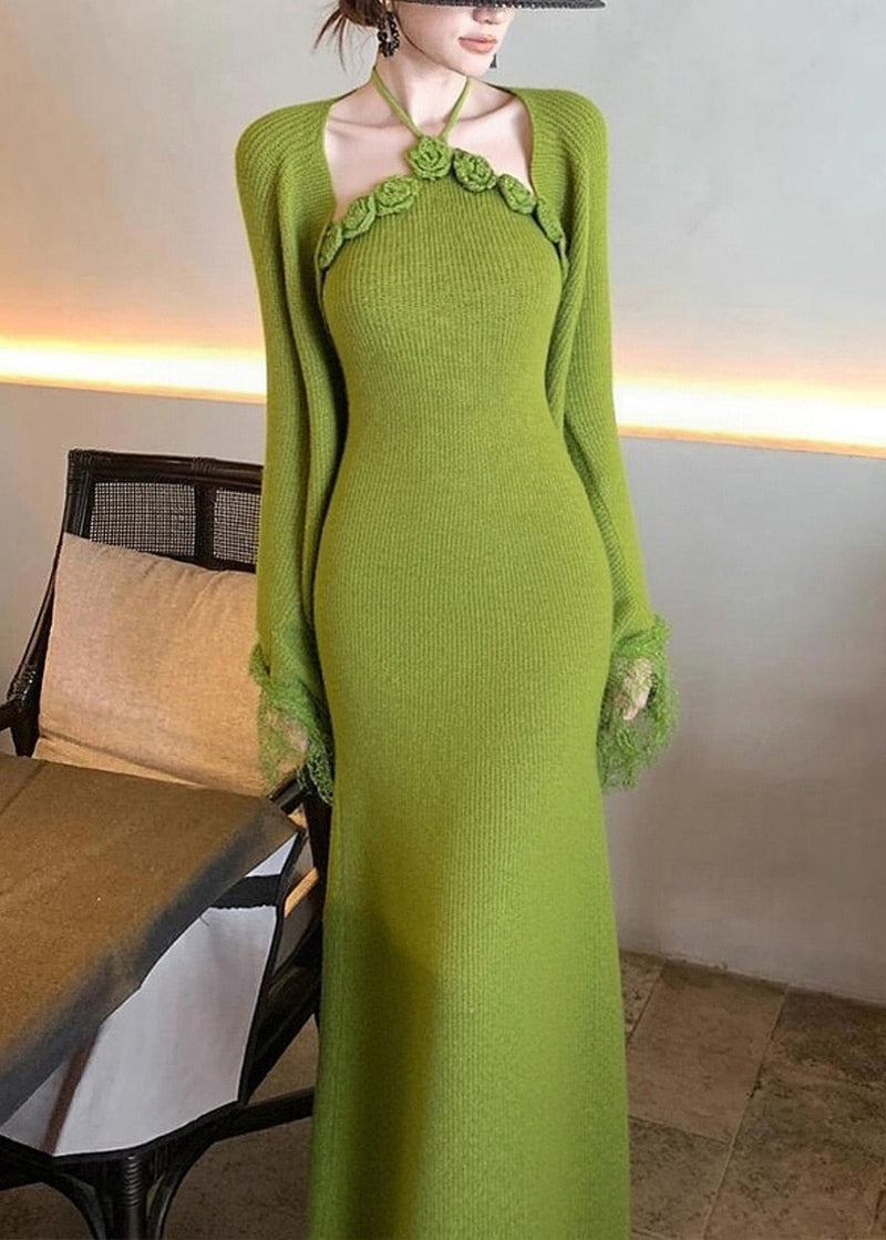 Green Patchwork Halter Cotton Knit Cardigans and Maxi Dress Two Pieces Set Flare Sleeve
