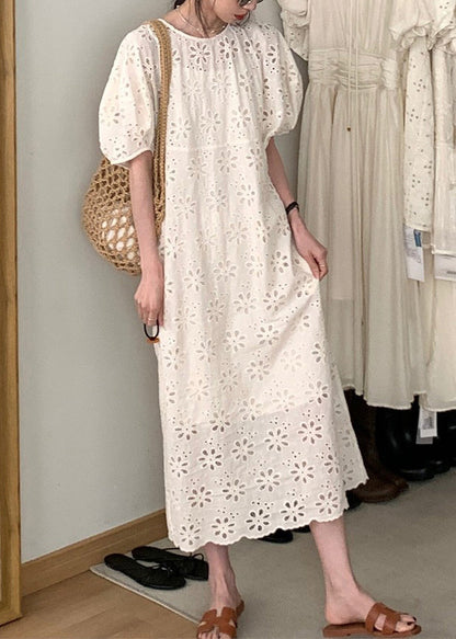 French Beige O-neck Puff Sleeve Hollow Out Cotton Dress