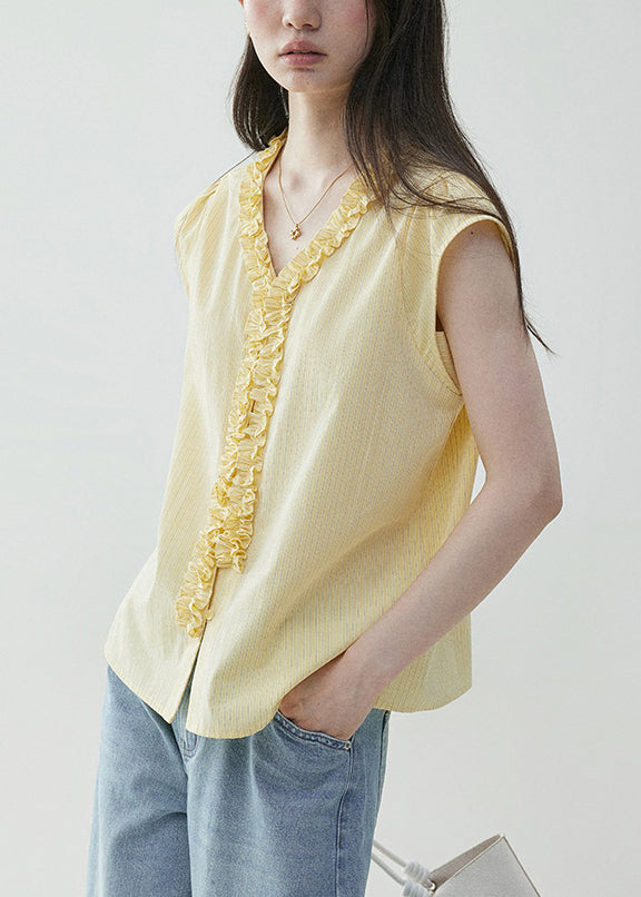 Yellow V Neck Ruffled Cotton Shirt Summer