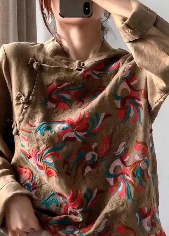 Retro Red Stand Collar Embroidered Linen Shirt Long Sleeve