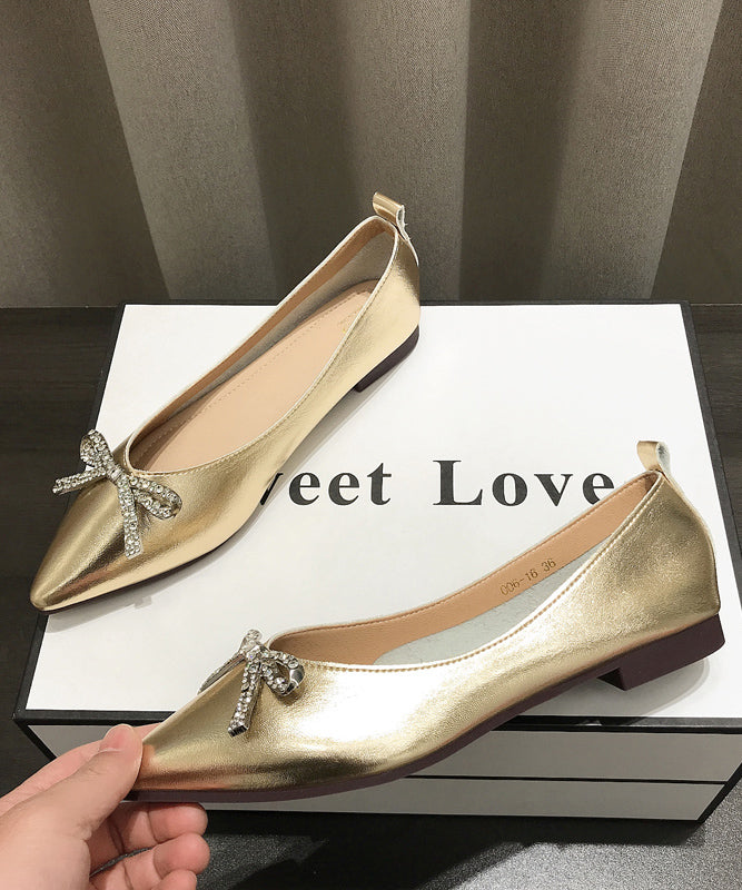 Comfy Bow Splicing Flat Shoes Gold Faux Leather Pointed Toe