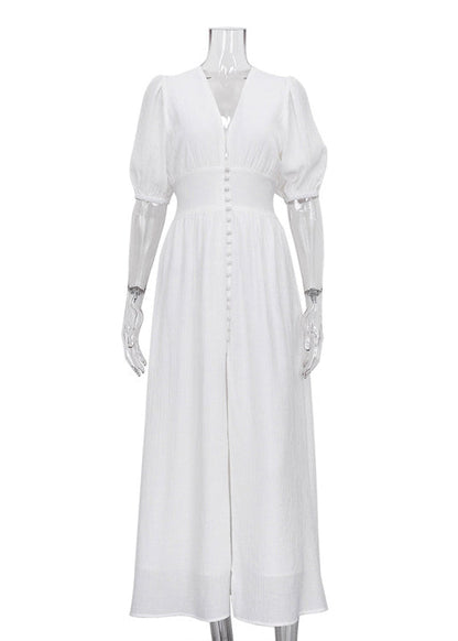 Boutique White V Neck Front Open Puff Sleeve Patchwork Cotton Dress