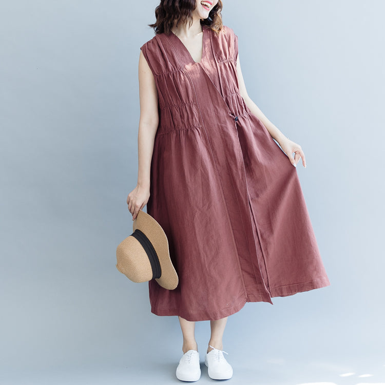 Khaki Cotton Linen Dresses Loose Fitting Cotton Linen Clothing Dress New Sleeveless Cinched V Neck Baggy Dresses