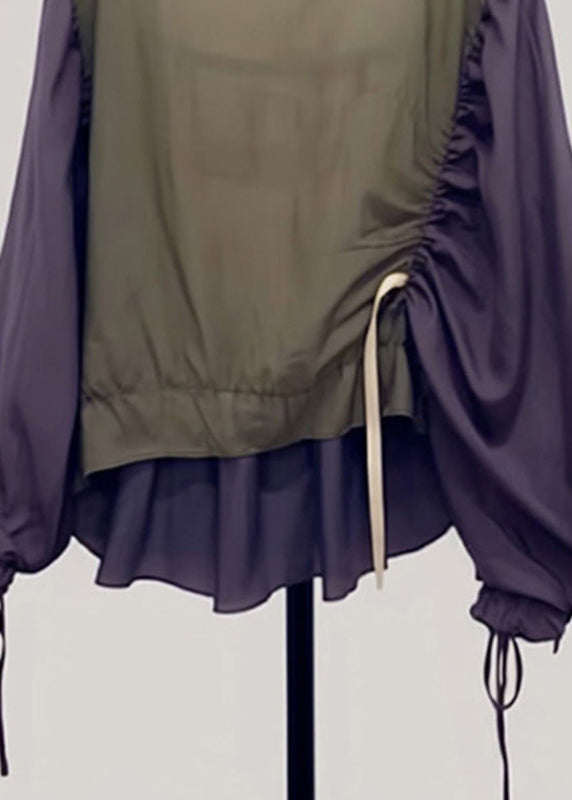 Colorblock Drawstring Patchwork Shirt Lantern Sleeve