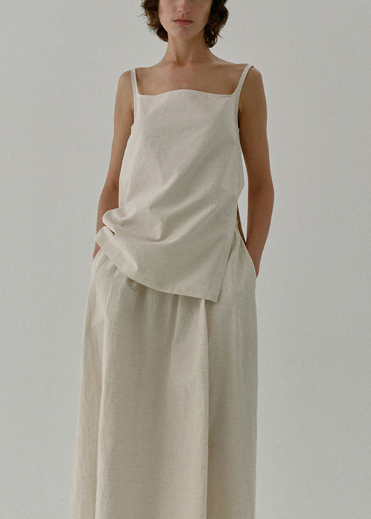 Beige Zip Up Linen Strap Tank Top Sleeveless