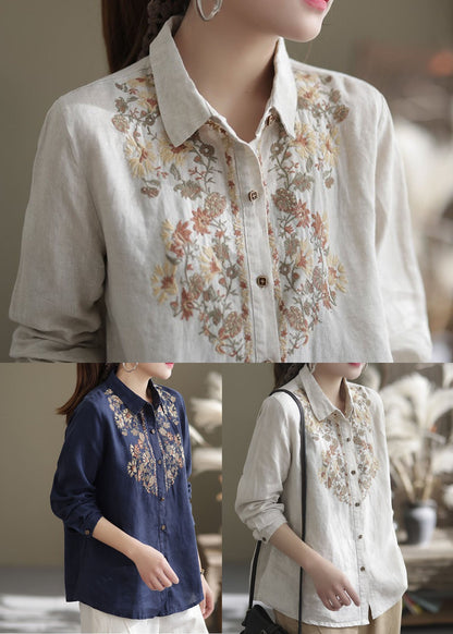 Navy Linen Shirt Top Turn-down Collar Embroidered Spring