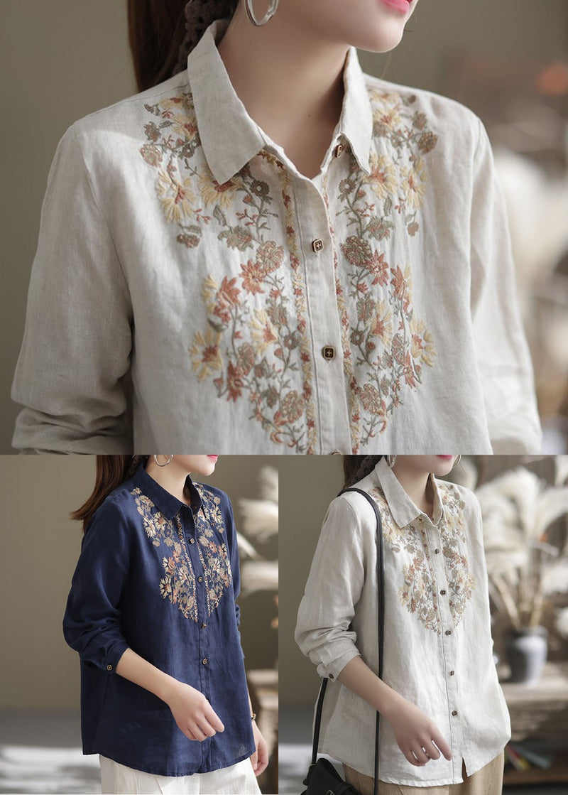 Navy Linen Shirt Top Turn-down Collar Embroidered Spring