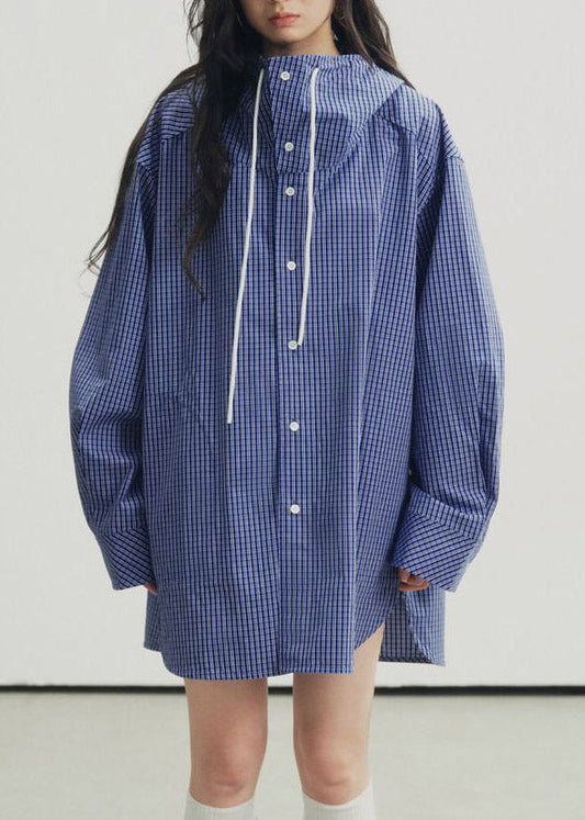 Blue Plaid Drawstring Button Hooded Shirt Lantern Sleeve