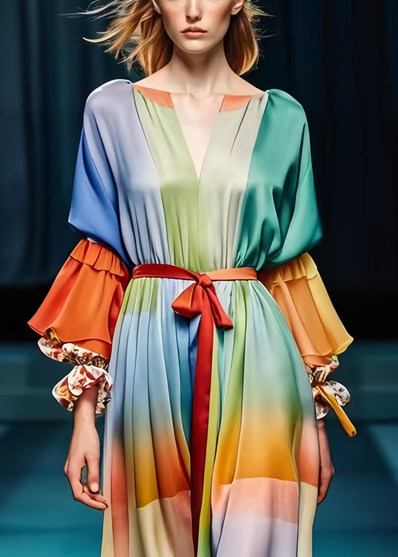 Rainbow Cinched Patchwork Silk Dress Lantern Sleeve