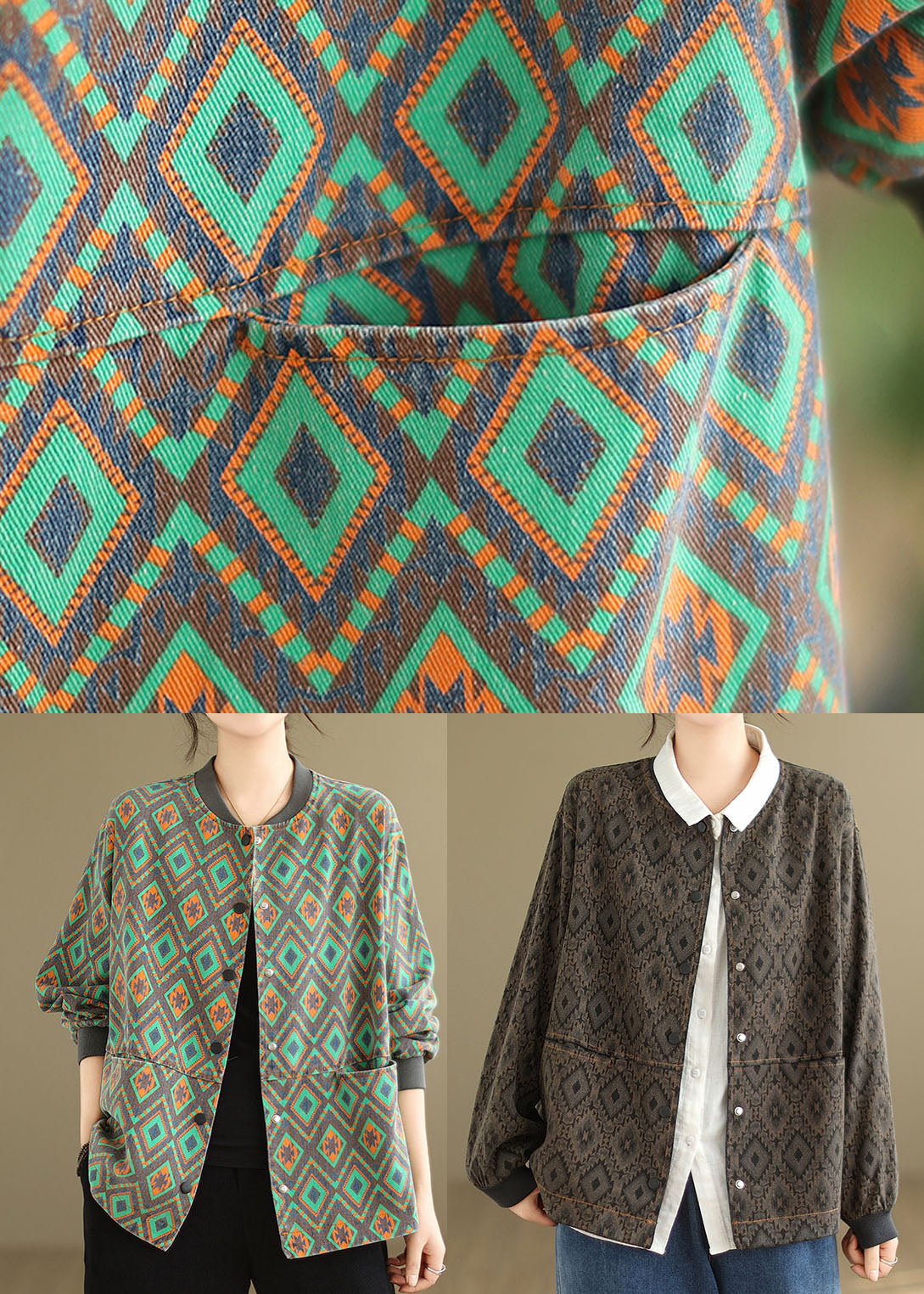 Green O Neck Pockets Print Denim Coat Spring