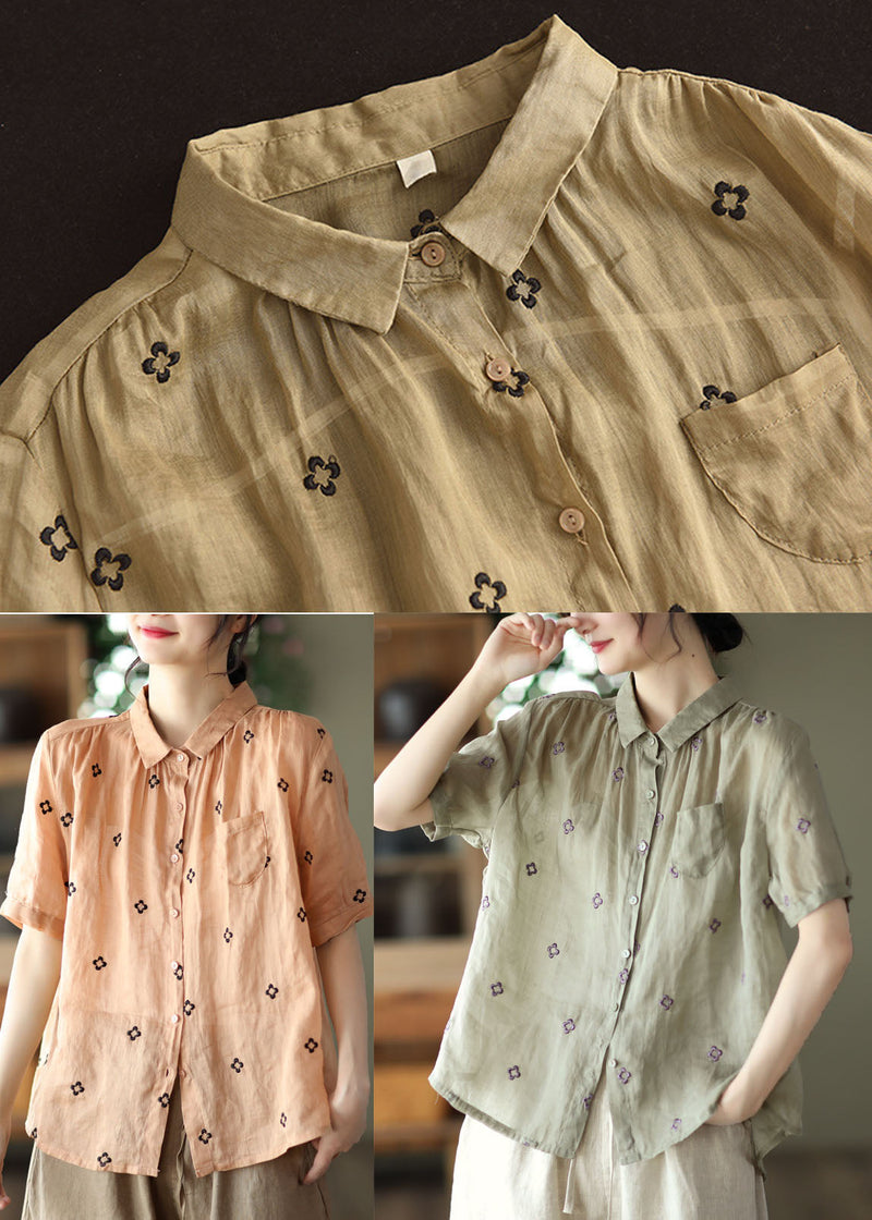 Grey Green Embroidered Linen Shirt Top Short Sleeve