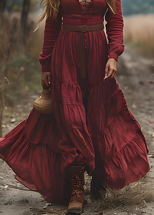 Red Wrinkledpatchwork Cotton Maxi Dresses Long Sleeve