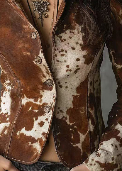 Chocolate Peter Pan Collar Print Button Faux Leather Jackets Fall
