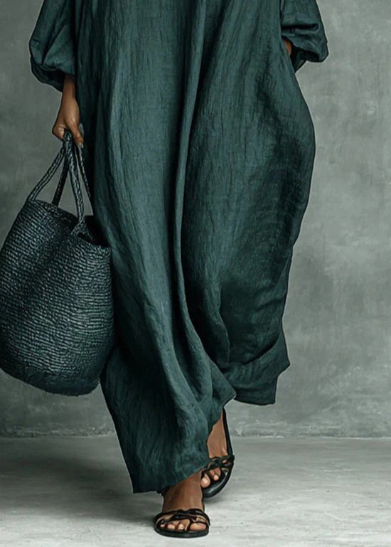 Green Hign Neck Print Pockets Cotton Dress Fall