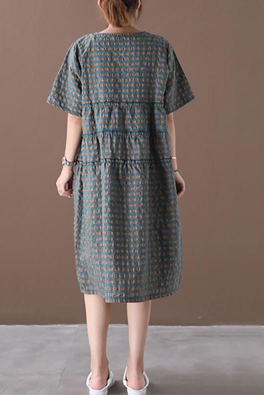 Limited Stock- Summer Plaid Round Neck Cotton Linen Midi Dress