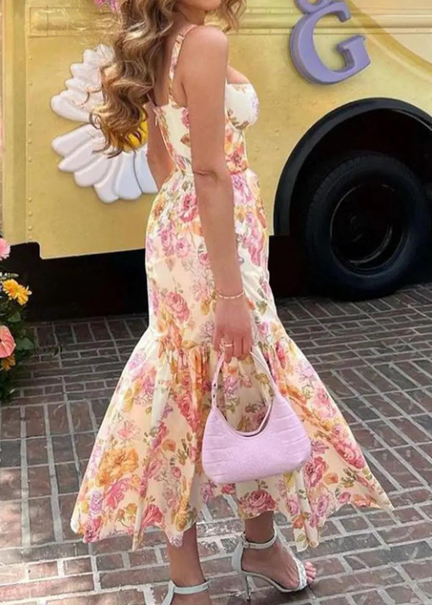New Beige Print Wrinkled Cotton Spaghetti Strap Dress Summer