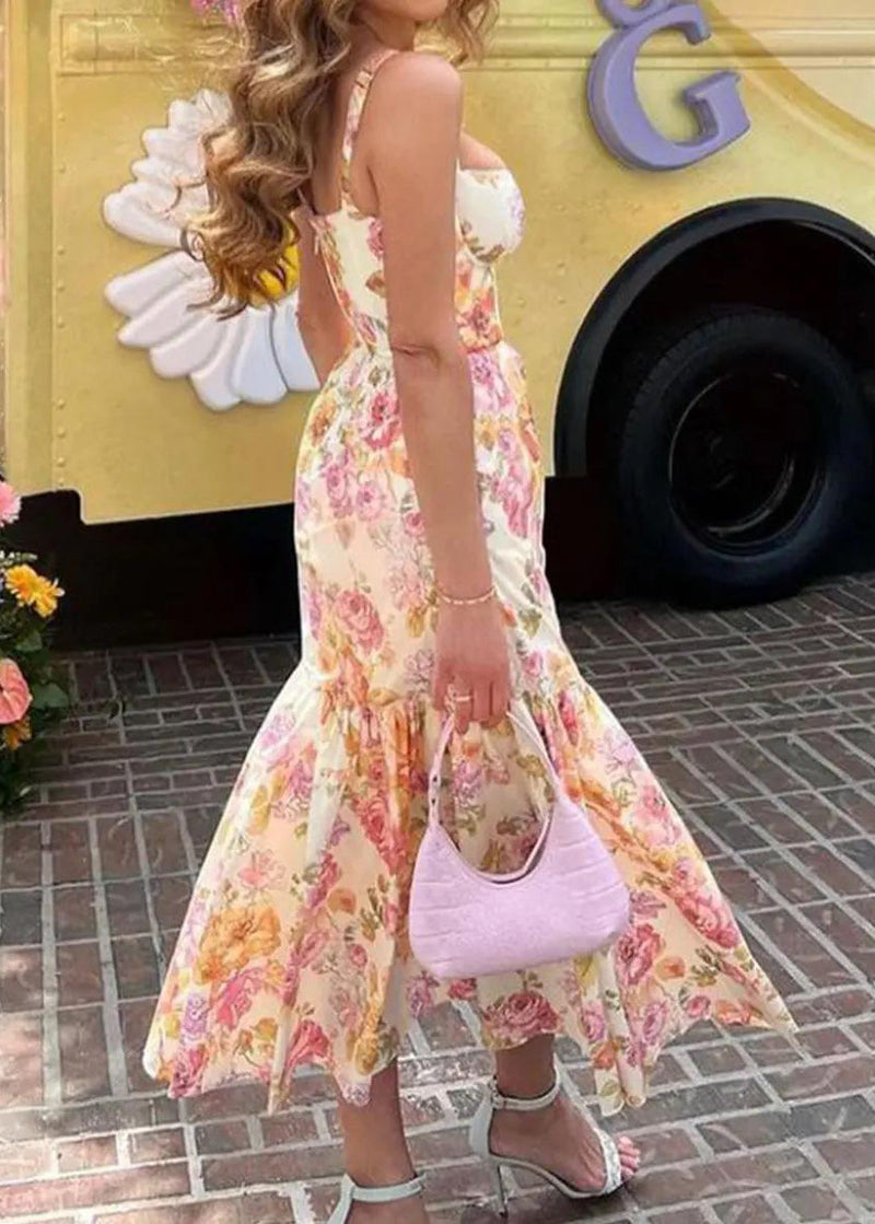 New Beige Print Wrinkled Cotton Spaghetti Strap Dress Summer