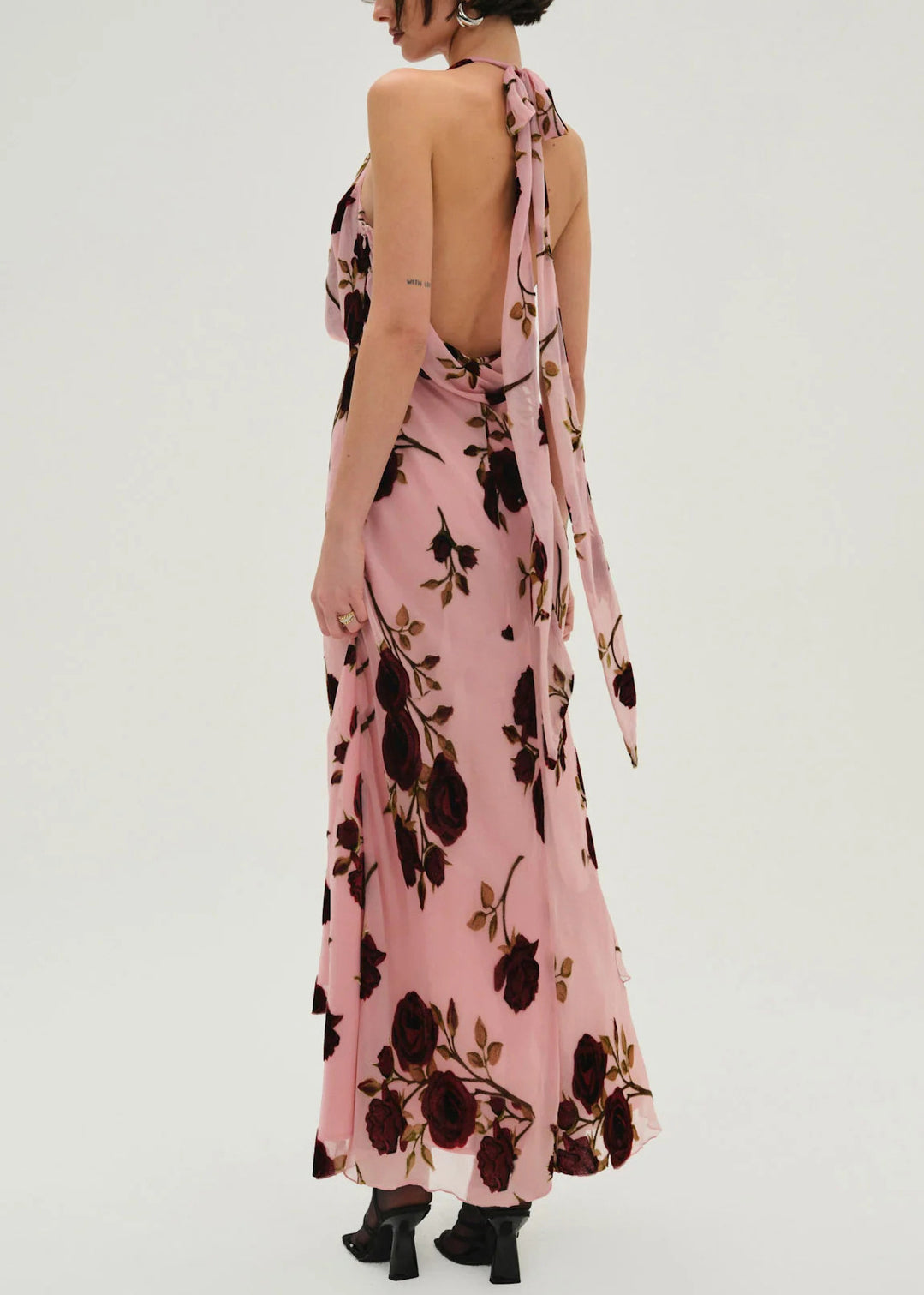 Pink Rose Tulle Backless Halter Dress Sleeveless