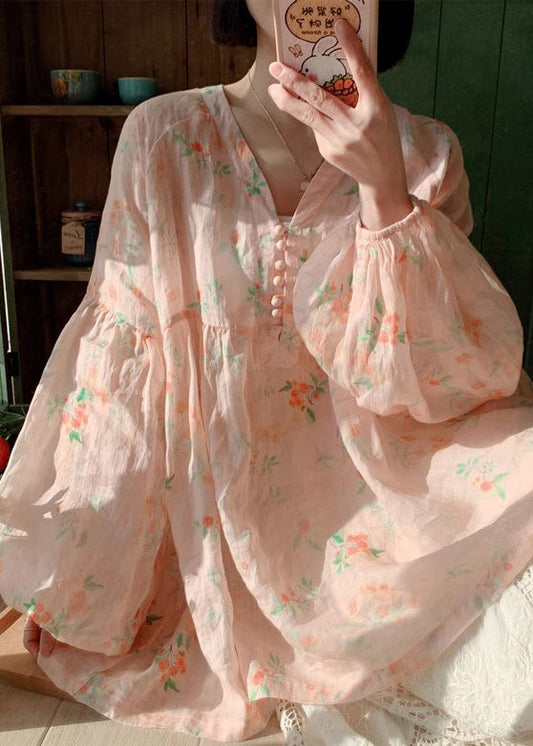 Pink Button Print Cotton Blouse Lantern Sleeve