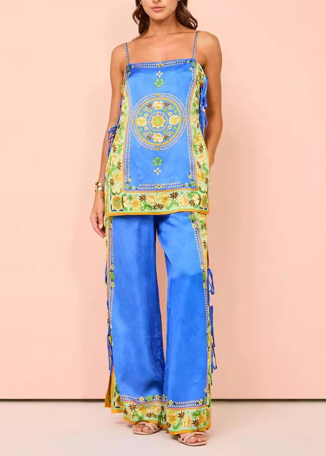 Blue Print Patchwork Tasseel Top and Wide Leg Pants Two Pieces Set Summer