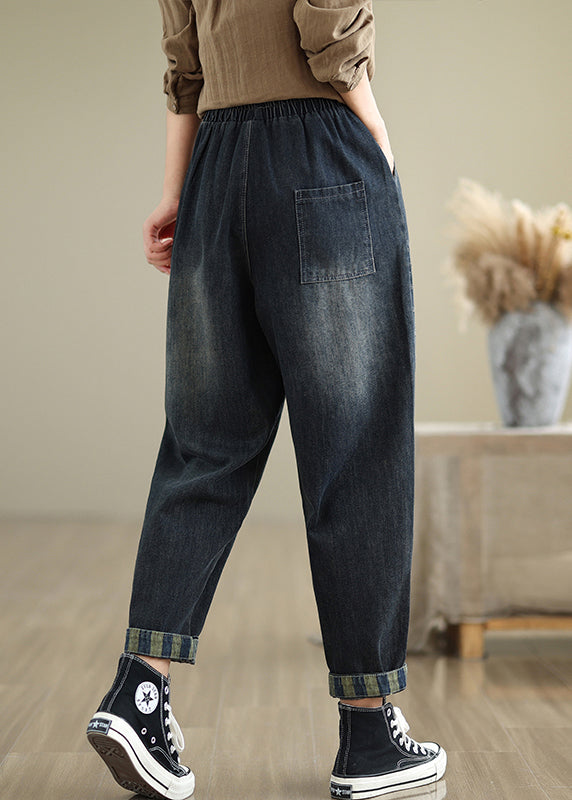 Navy Pockets Elastic Waist Denim Pants Fall