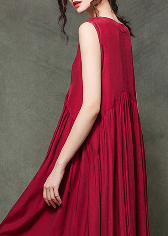 Red Polka Dot Stitching O-neck Wrinkled Long Dresses Sleeveless