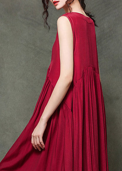 Wine Red-floral2 O-neck Wrinkled Long Dresses Sleeveless