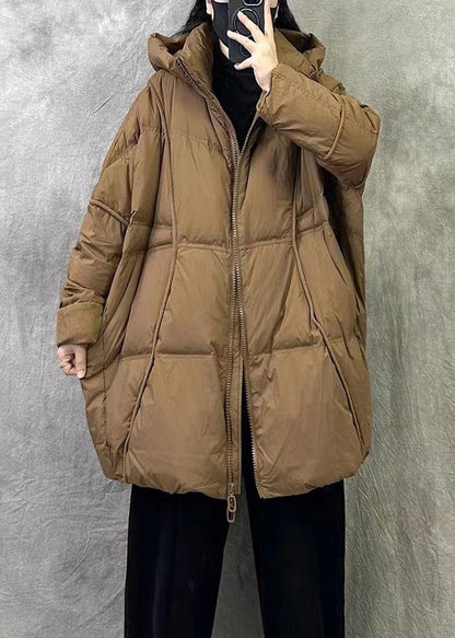 Loose Orange Hooded Zippered Duck Down Puffer Coat Winter