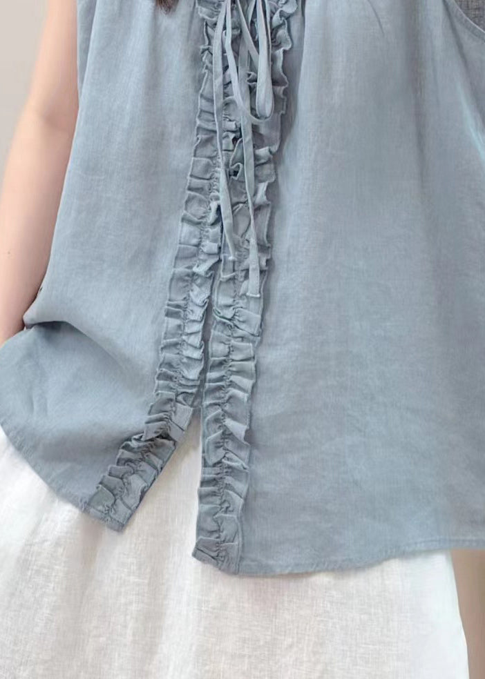 Sky Blue Linen Shirts Ruffled Lace Up Sleeveless