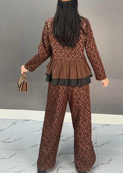 Chocolate Ruffled Patchwork Print Shirts and Wide Leg Pants Two Pieces Set Spring