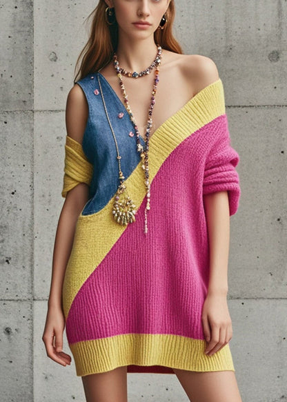 Rose Asymmetrical Patchwork Denim Knitwear Dress Fall
