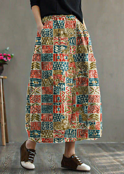 Geometry Elastic Waist Patchwork Print Fine Cotton Filled Skirt Winter
