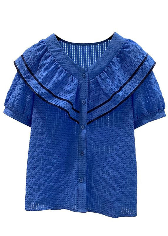 Blue Ruffled Patchwork Chiffon Shirt Tops Summer