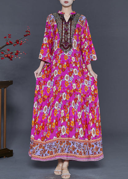 Diy Rose V Neck Print Cotton Vacation Dresses Summer