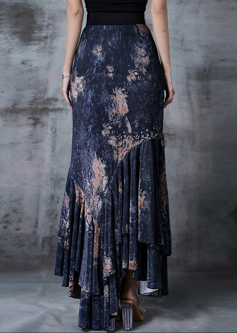 Black Asymmetrical Patchwork Print Wraped Skirts Fall
