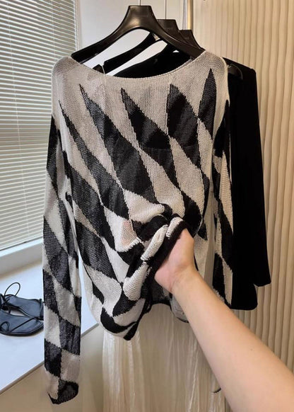 Striped Plaid Slash Neck Knit Top Fall