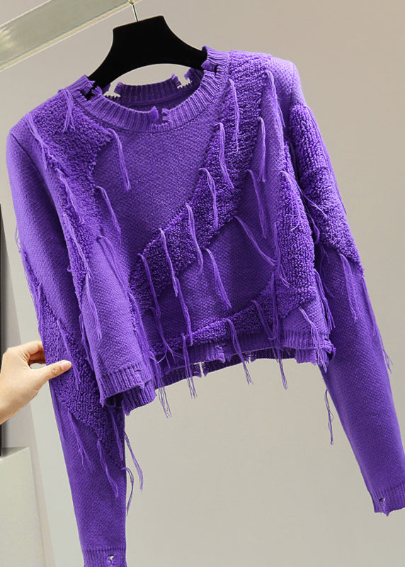 Purple O-neck Ripped Tassel Cotton Knit Sweater Winter