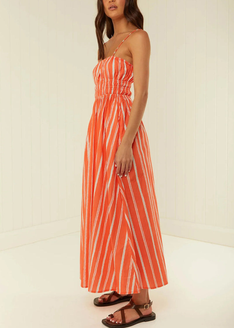 Orange Striped Cotton Spaghetti Strap Dress Summer