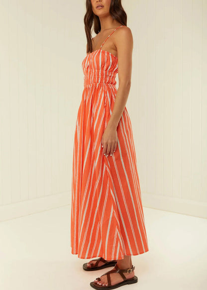 Orange Striped Cotton Spaghetti Strap Dress Summer