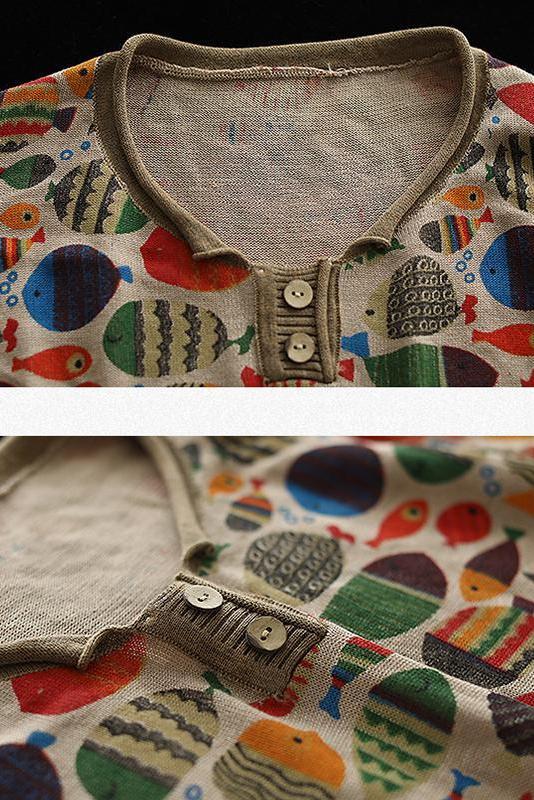 Round Neck Fish Print Knitted T-shirt