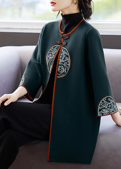 French Mulberry O-neck Print Long Woolen Cardigans Fall