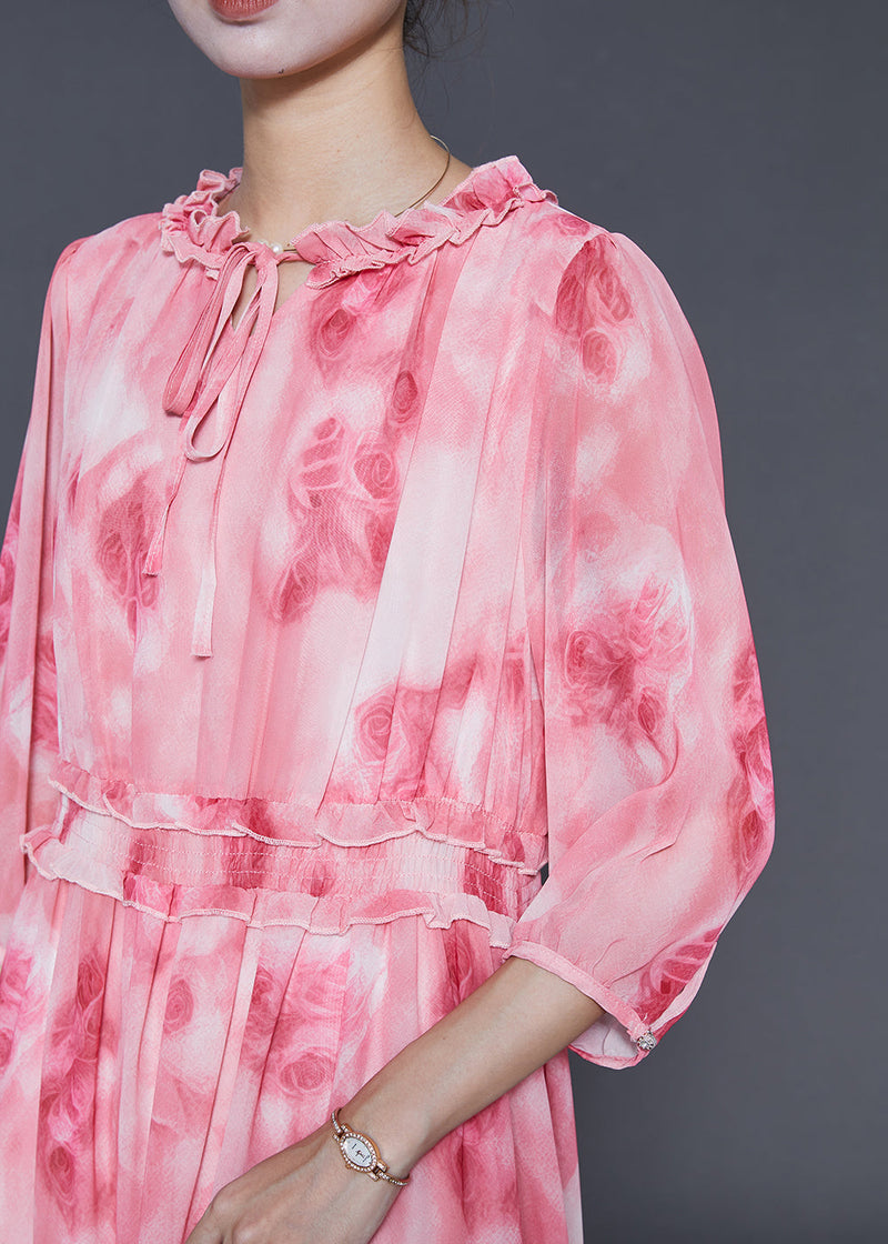 Pink Ruffled Print Chiffon Vacation Dress Summer