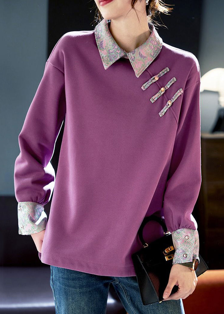 Purple Peter Pan Collar Patchwork Cotton Sweatshirts Spring