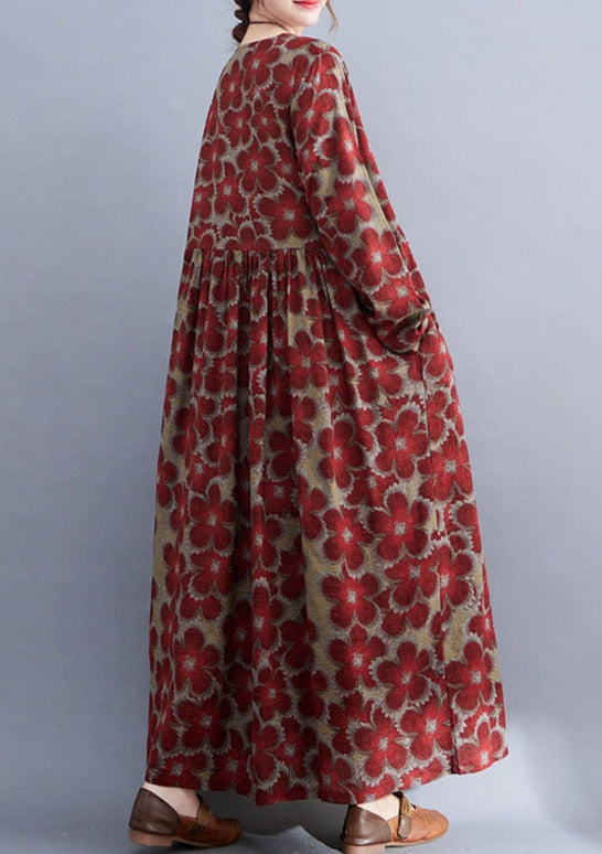 Loose Cotton and Linen Print Dress Long Sleeve