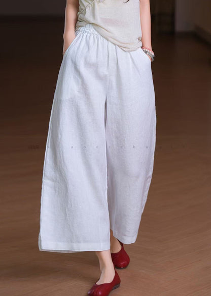 White Elastic Waist Pockets Linen Wide Leg Pants Summer
