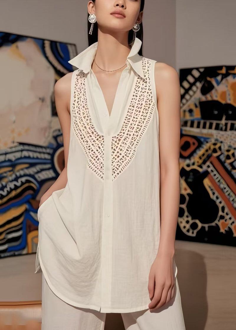 White V Neck Hollow Out Cotton Top Sleeveless