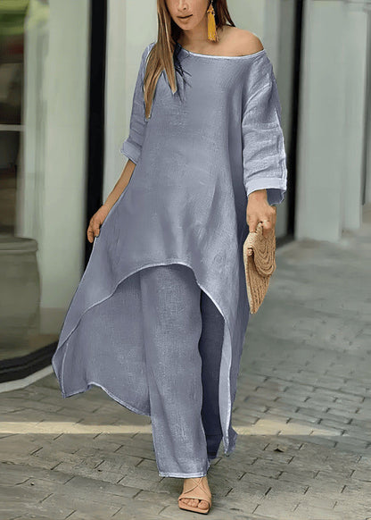 Loose Rose O-neck Asymmetrical Top and Straight Pants Two Pieces Set Summer