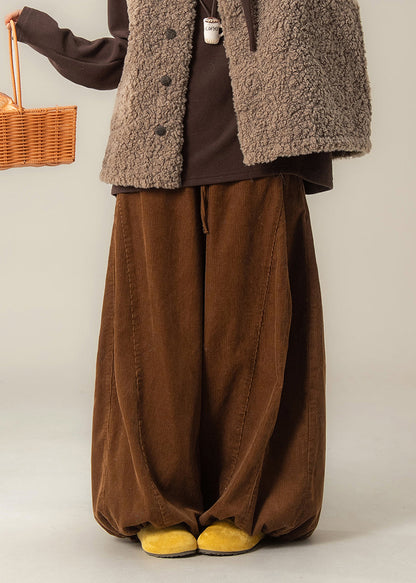 Brown Oversized Drawstring Corduroy Wide Leg Pants Spring
