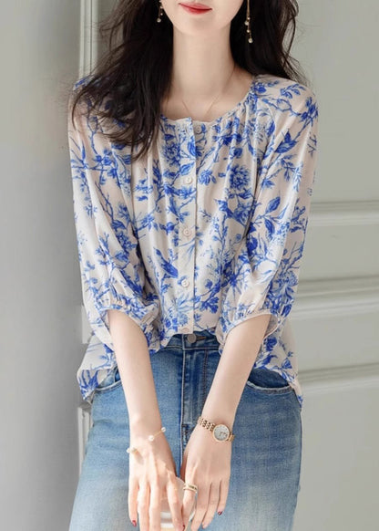 Blue O-neck Print Chiffon Top Summer