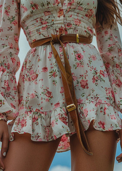 Pastoral Style Ruffled Print Cotton Mini Dress Long Sleeve